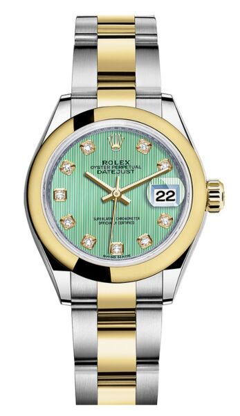 Rolex Datejust 28 Steel and Yellow Gold Smooth Bezel Mint Green Diamond Dial Oyster Bracelet 28mm