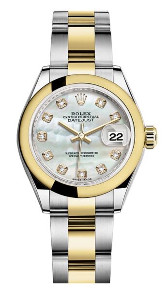 Rolex Datejust 28 Steel and Yellow Gold Smooth Bezel Mother of Pearl Diamond Dial Oyster Bracelet 28mm