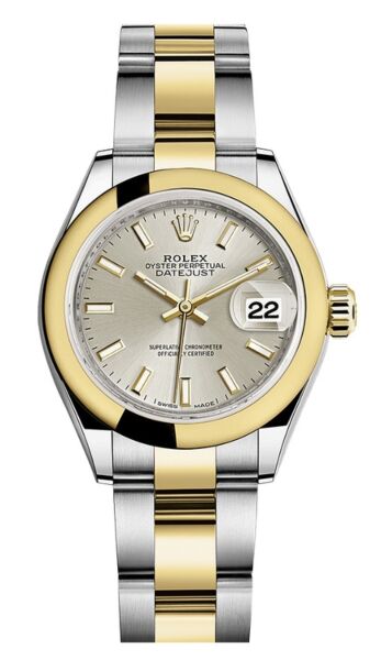 Rolex Datejust 28 Steel and Yellow Gold Smooth Bezel Silver Stick Dial Oyster Bracelet 28mm
