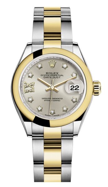 Rolex Datejust 28 Steel and Yellow Gold Smooth Bezel Silver Diamond Star 9 Dial Oyster Bracelet 28mm