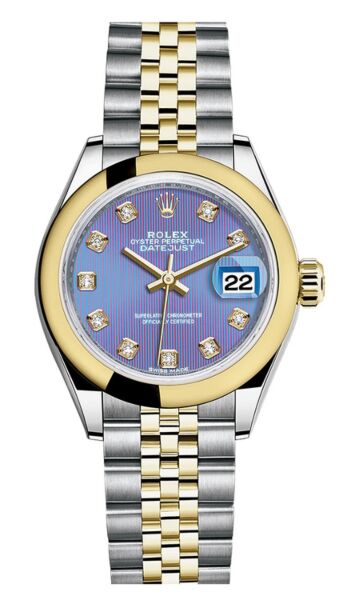 Rolex Datejust 28 Steel and Yellow Gold Smooth Bezel Lavender Diamond Dial Jubilee Bracelet 28mm