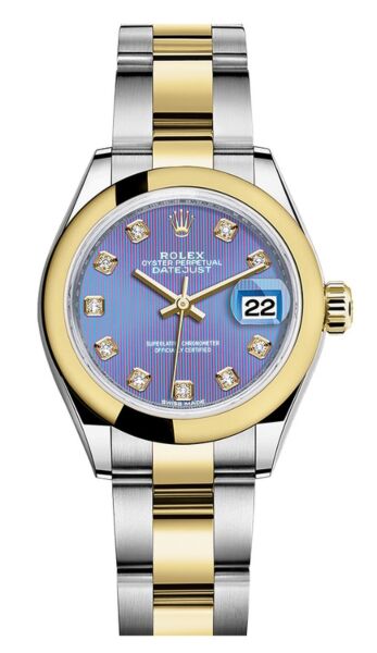 Rolex Datejust 28 Steel and Yellow Gold Smooth Bezel Lavender Diamond Dial Oyster Bracelet 28mm