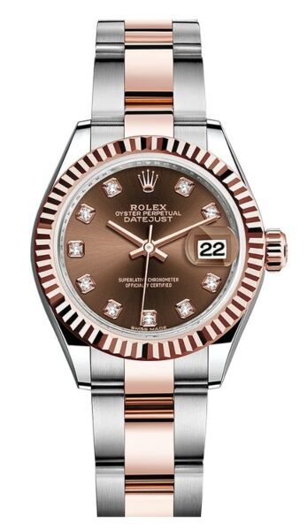 Rolex Datejust 28 Steel and Rose Gold Chocolate Diamond Dial Oyster Bracelet 28mm