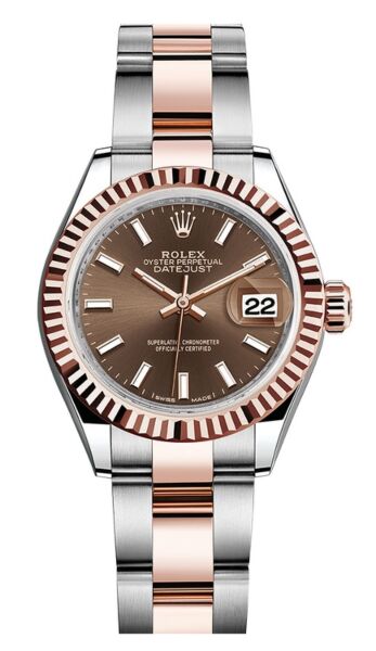 Rolex Datejust 28 Steel and Rose Gold Chocolate Stick Dial Oyster Bracelet 28mm