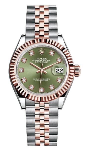 Rolex Datejust 28 Steel and Rose Gold Mother of PearlOlive Green Diamond Dial Jubilee Bracelet 28mm