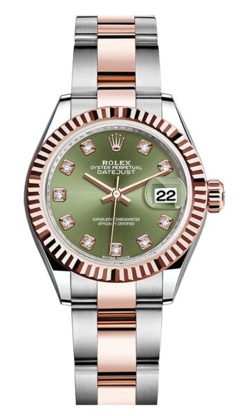 Rolex Datejust 28 Steel and Rose Gold Mother of PearlOlive Green Diamond Dial Oyster Bracelet 28mm