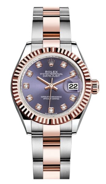 Rolex Datejust 28 Steel and Rose Gold Aubergine Diamond Dial Oyster Bracelet 28mm