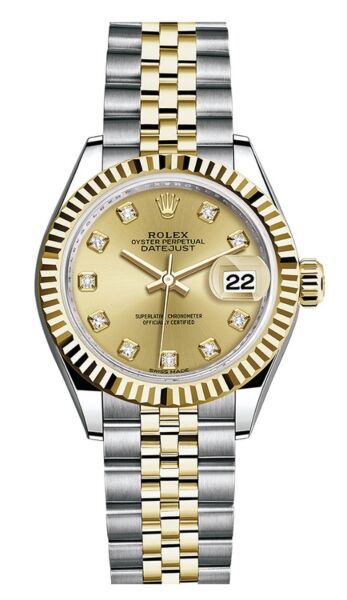 Rolex Datejust 28 Steel and Yellow Gold Fluted Bezel Champagne Diamond Dial Jubilee Bracelet 28mm
