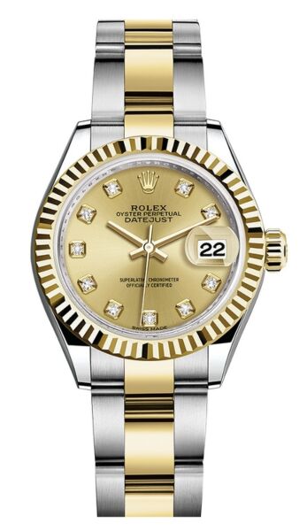 Rolex Datejust 28 Steel and Yellow Gold Fluted Bezel Champagne Diamond Dial Oyster Bracelet 28mm