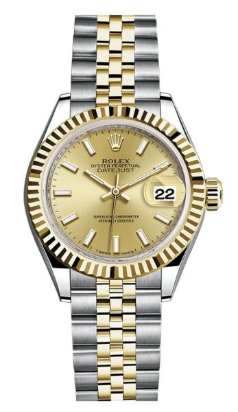 Rolex Datejust 28 Steel and Yellow Gold Fluted Bezel Champagne Stick Dial Jubilee Bracelet 28mm