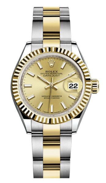Rolex Datejust 28 Steel and Yellow Gold Fluted Bezel Champagne Stick Dial Oyster Bracelet 28mm