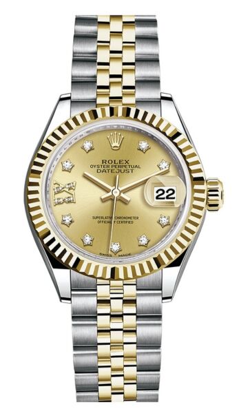 Rolex Datejust 28 Steel and Yellow Gold Fluted Bezel Champagne Diamond Star 9 Dial Jubilee Bracelet 28mm