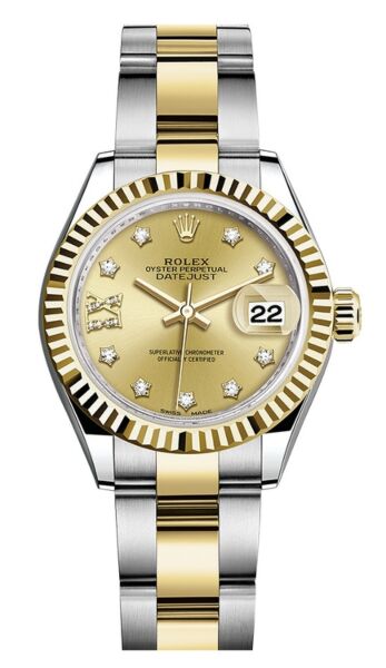 Rolex Datejust 28 Steel and Yellow Gold Fluted Bezel Champagne Diamond Star 9 Dial Oyster Bracelet 28mm