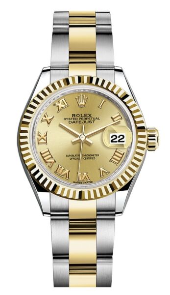 Rolex Datejust 28 Steel and Yellow Gold Fluted Bezel Champagne Roman Dial Oyster Bracelet 28mm