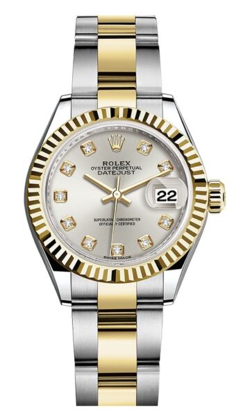 Rolex Datejust 28 Steel and Yellow Gold Fluted Bezel Silver Diamond Dial Oyster Bracelet 28mm