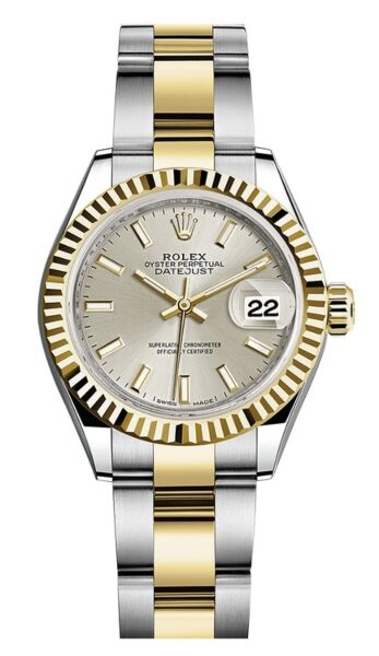Rolex Datejust 28 Steel and Yellow Gold Fluted Bezel Silver Stick Dial Oyster Bracelet 28mm
