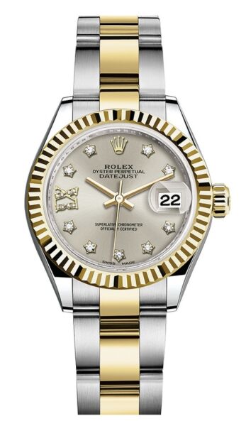 Rolex Datejust 28 Steel and Yellow Gold Fluted Bezel Silver Diamond Star 9 Dial Oyster Bracelet 28mm