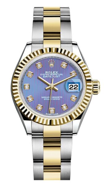 Rolex Datejust 28 Steel and Yellow Gold Fluted Bezel Lavender Diamond Dial Oyster Bracelet 28mm