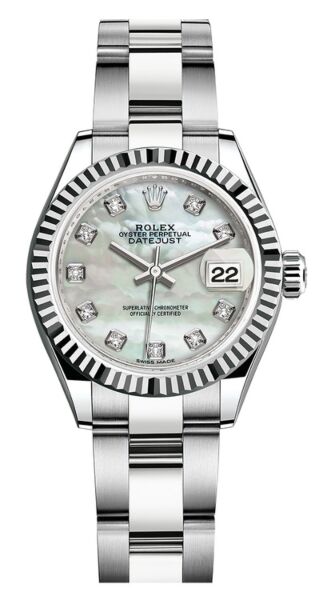 Rolex Datejust 28 Steel and White Gold Fluted Bezel Mother of Pearl Diamond Dial Oyster Bracelet 28mm