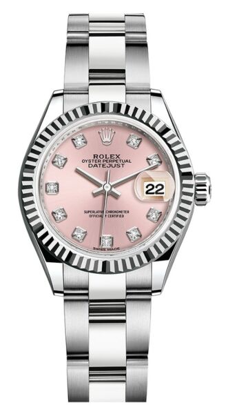 Rolex Datejust 28 Steel and White Gold Fluted Bezel Pink Diamond Dial Oyster Bracelet 28mm