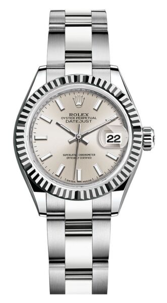Rolex Datejust 28 Steel and White Gold Fluted Bezel Silver Stick Dial Oyster Bracelet 28mm