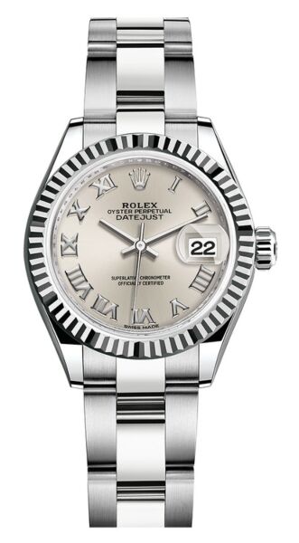 Rolex Datejust 28 Steel and White Gold Fluted Bezel Silver Roman Dial Oyster Bracelet 28mm