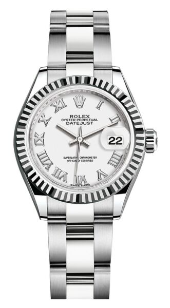 Rolex Datejust 28 Steel and White Gold Fluted Bezel White Roman Dial Oyster Bracelet 28mm