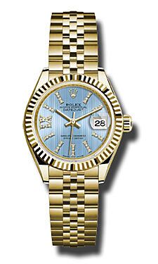 Rolex Datejust Yellow Gold Cornflower Blue Strip Diamond Roman IX Index Dial 28 mm