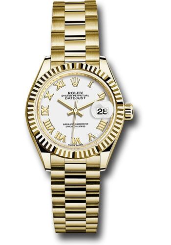Rolex Datejust Yellow Gold Fluted Bezel White Roman Dial Presidental Bracelet 28mm
