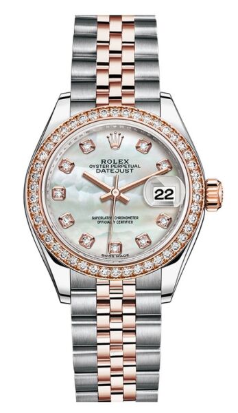 Rolex Datejust 28 Steel and Rose Gold Diamond Bezel Mother of Pearl Diamond Dial Jubilee Bracelet 28mm