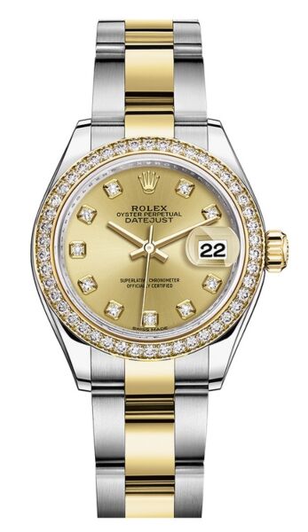 Rolex Datejust 28 Steel and Yellow Gold Diamond Bezel Champagne Diamond Dial Oyster Bracelet 28mm