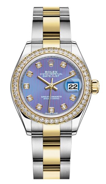Rolex Datejust 28 Steel and Yellow Gold Diamond Bezel Lavender Diamond Dial Oyster Bracelet 28mm