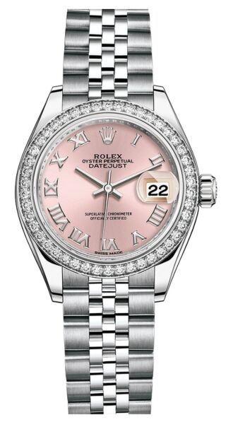 Rolex Datejust 28 Steel and White Gold Diamond Bezel Pink Roman Dial Jubilee Bracelet 28mm