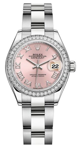 Rolex Datejust 28 Steel and White Gold Diamond Bezel Pink Roman Dial Oyster Bracelet 28mm