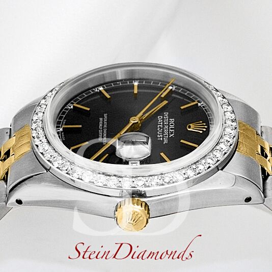 Pre Owned Rolex Two-Tone Datejust Custom Diamond Bezel and Black Stick on Jubilee Band 36mm