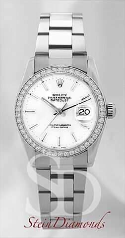 Rolex Mid-Size Steel Datejust Custom Diamond Bezel and Custom White Index Dial on Oyster Band 31mm