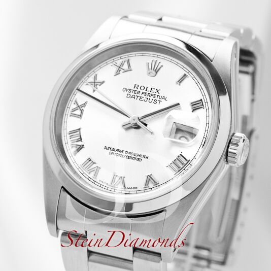 Pre Owned Rolex Steel Datejust Smooth Bezel Custom White Roman on Oyster Band 36mm