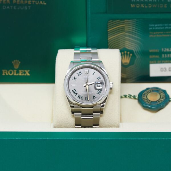 Rolex Pre Owned Datejust Stainless Steel Grey Dial/Green Roman on Oyster 36mm with Papers 2021