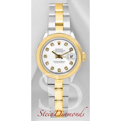 Rolex Lady Two-Tone Datejust Smooth Bezel Custom White Diamond Dial on Oyster Band 26mm