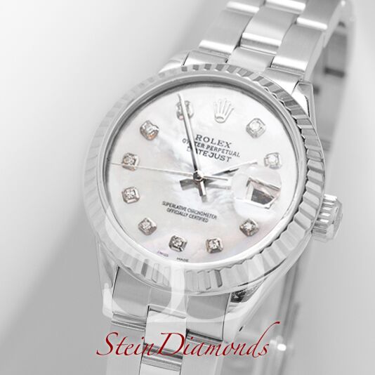 Rolex Lady Steel Datejust Fluted Bezel Custom Mother of Pearl Diamond Dial on Oyster Band 26mm