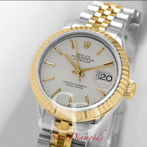 Rolex Lady Two-Tone Datejust Fluted Bezel Custom Silver Index Dial on Jubilee Band 26mm