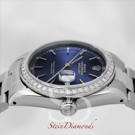 Rolex Mid-Size Steel Datejust Custom Diamond Bezel and Custom Blue Stick Dial on Oyster Band 31mm