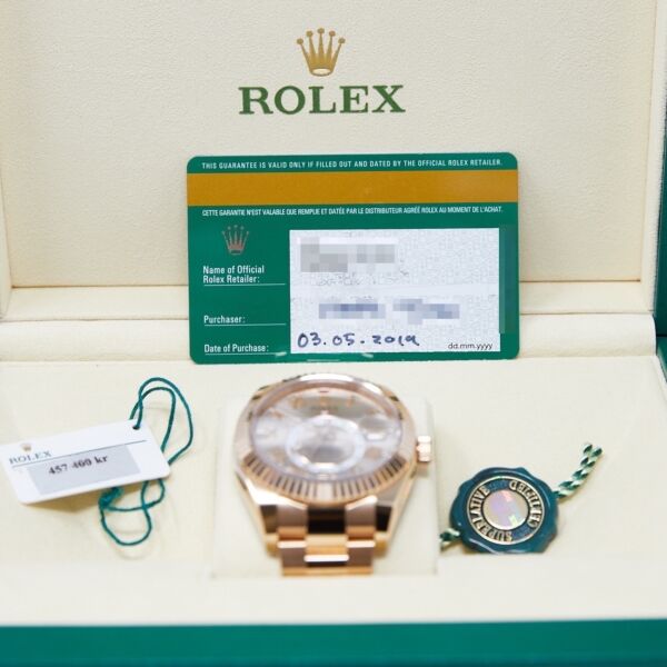 Rolex New Style Pre Owned Sky-Dweller Rose Gold Sundust Dial on Oyster 42mm Box and Card 2019 Discontinued Dial