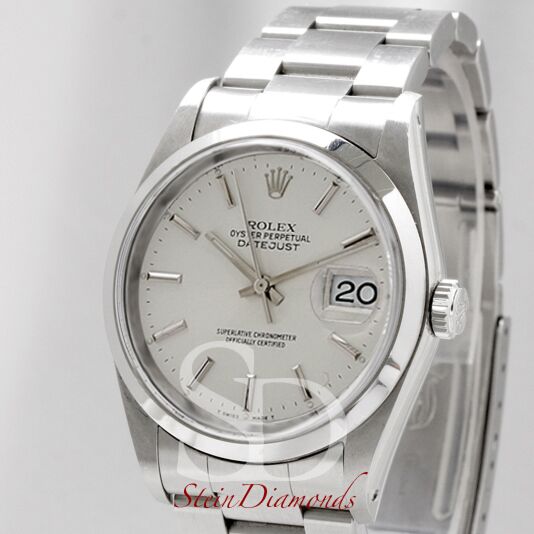 Pre Owned Rolex Steel Datejust Smooth Bezel Custom Silver Index Dial on Oyster Band 36mm