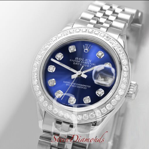 Rolex Lady Steel Datejust Custom Diamond Bezel and Custom Blue Diamond on Jubilee Band 26mm
