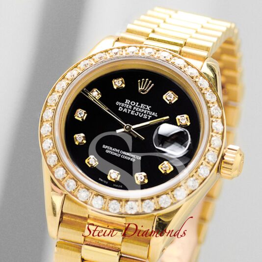 Rolex Lady Yellow Gold President Custom Diamond Bezel and Custom Black Diamond on Presidential 26mm