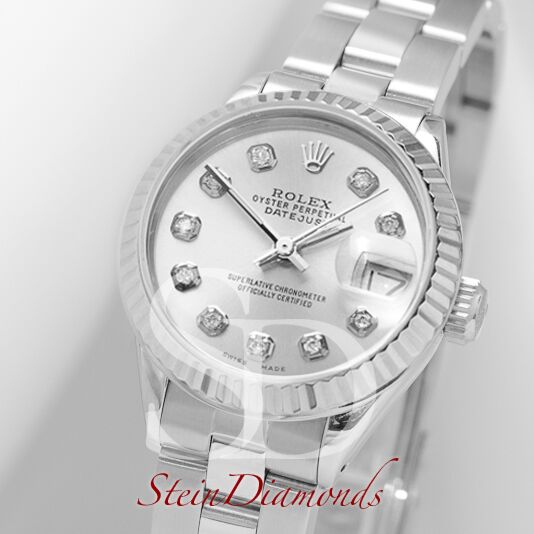 Rolex Lady Steel Datejust Fluted Bezel Custom Silver Diamond Dial on Oyster Band 26mm