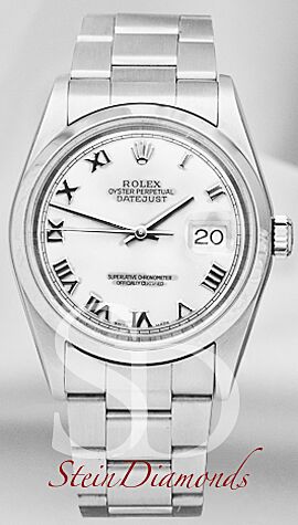 Pre Owned Rolex Steel Datejust Smooth Bezel Custom White Roman on Oyster Band 36mm