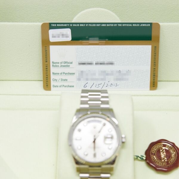 Rolex Pre-Owned Day-Date 36 White Gold Silver Diamond Dial on Presidential Bracelet [BOX, PAPERS]