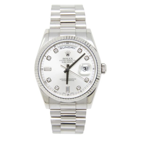 Rolex Pre-Owned Day-Date 36 White Gold Silver Diamond Dial on Presidential Bracelet [BOX, PAPERS]
